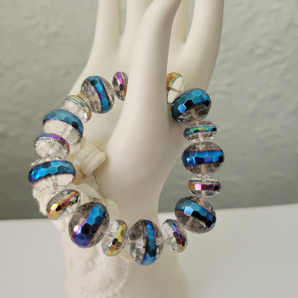 Vintage Czech Glass Stretchy Bracelet Twilight Skies AB Statement Retro